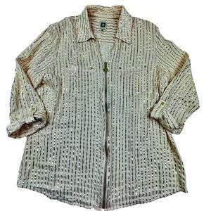 Anne Klein Viscose Gold Metallic Striped Full Front Zipper Blouse Women's SZ XL